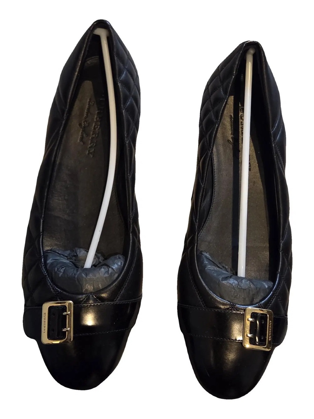 Burberry Black Quilted Leather Flats with Gold Buckle Accent